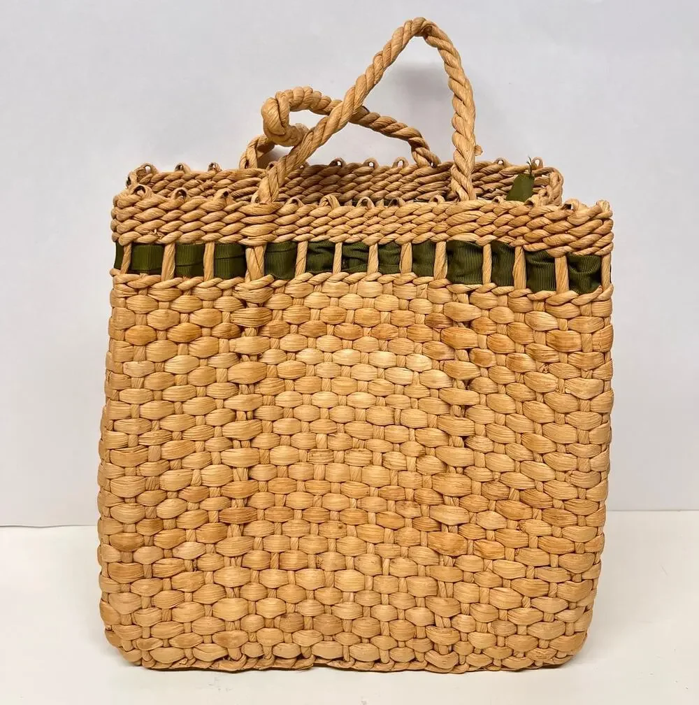Natural Handwoven Water Hyacinth Straw Rafia Basket with Handles